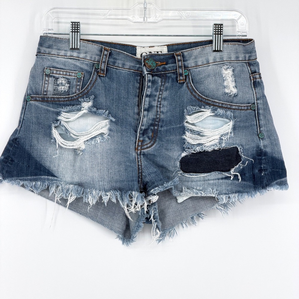 One‎ Teaspoon Bandit Denim Shorty Shorts Blue Distressed Frayed Cutoff 24